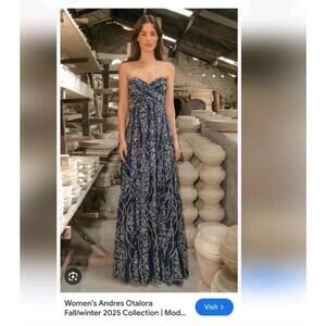 Andres Otalora Plunge V Neck Fit & Flare Macondo Maxi Dress Size 6 Navy Blue